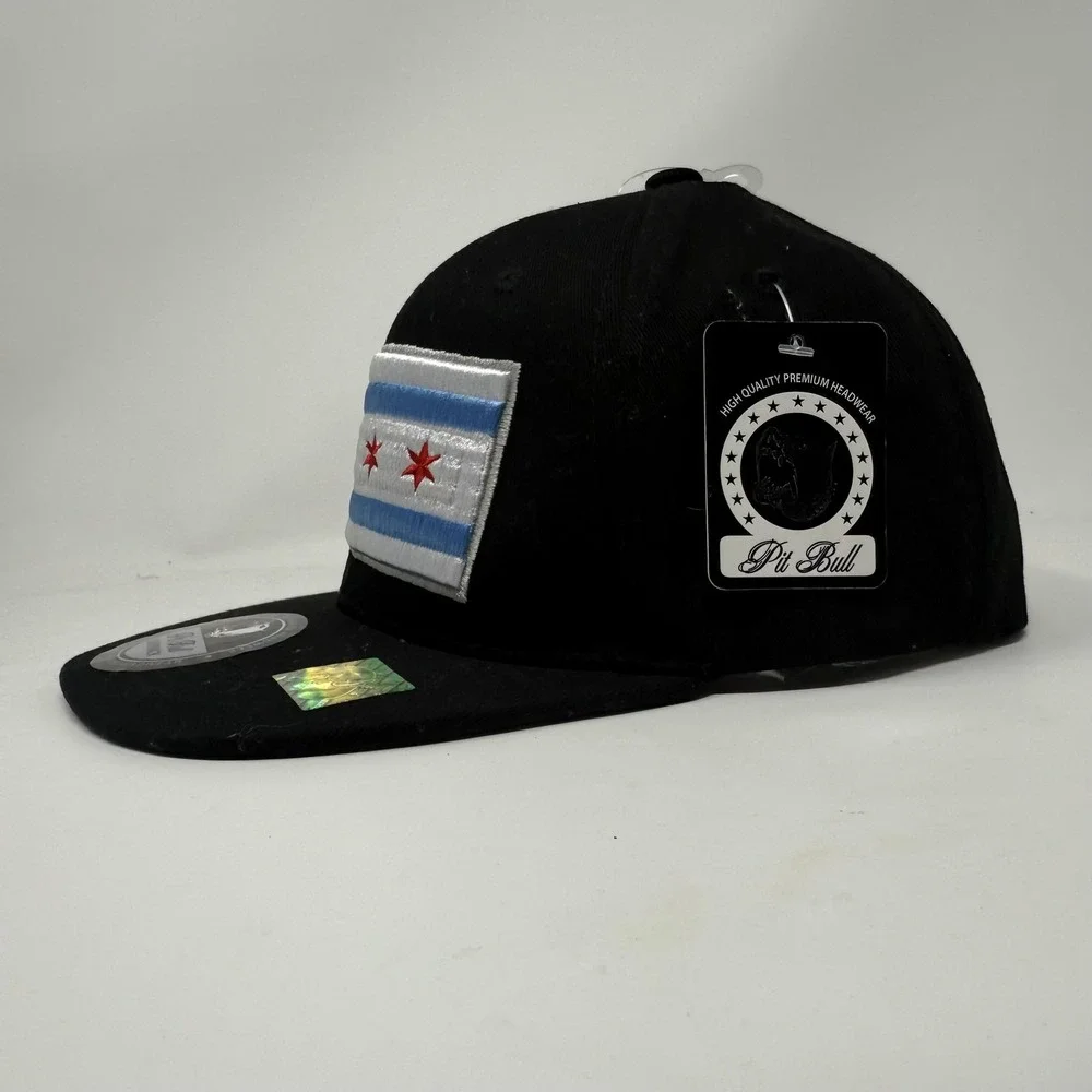 Chicago Flag Hat Cap Snap Back Black Pit Bull Mens Flat Bill Embroidered
